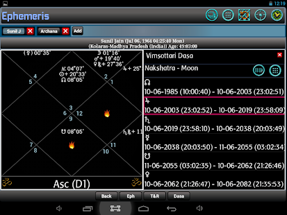 Captura de pantalla del software de astrología efemérides